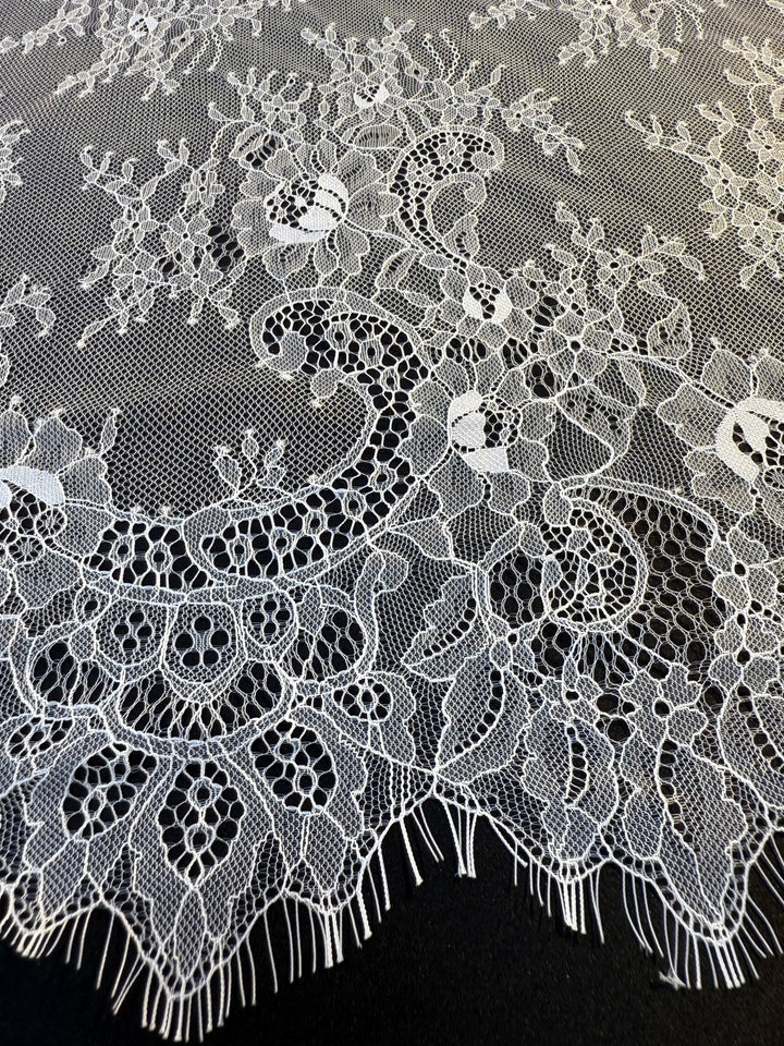 Luxury Ivory Chantilly Lace on white Tulle with Sequins – Bridal & Haute Couture Fabric