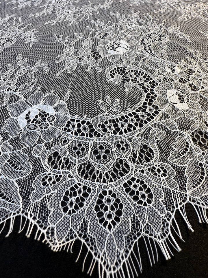 Luxury Ivory Chantilly Lace on white Tulle with Sequins – Bridal & Haute Couture Fabric
