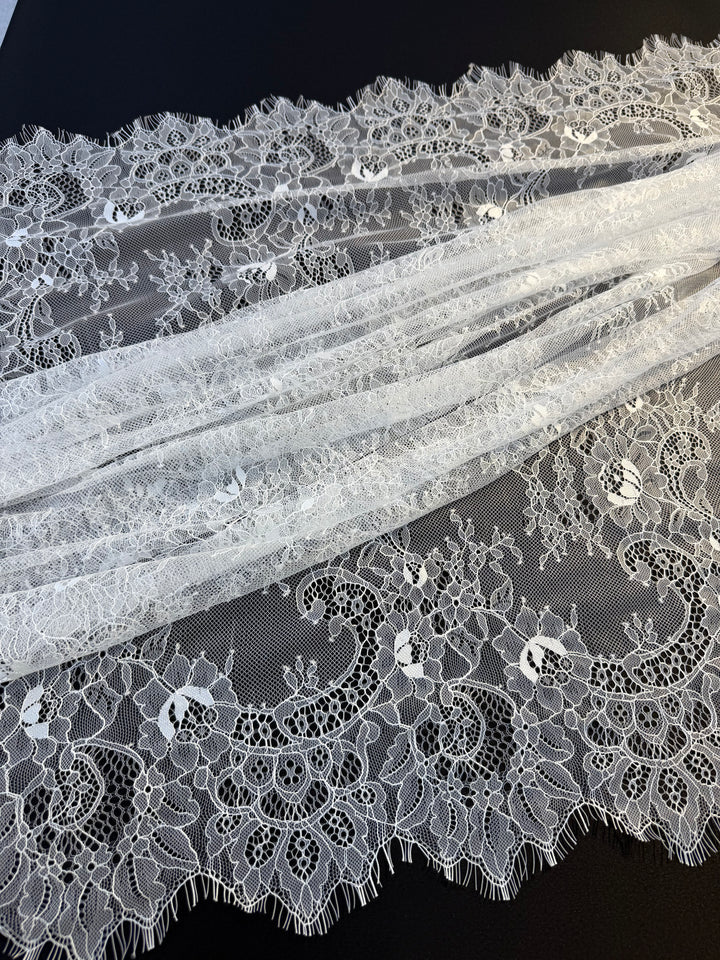 Luxury Ivory Chantilly Lace on white Tulle with Sequins – Bridal & Haute Couture Fabric