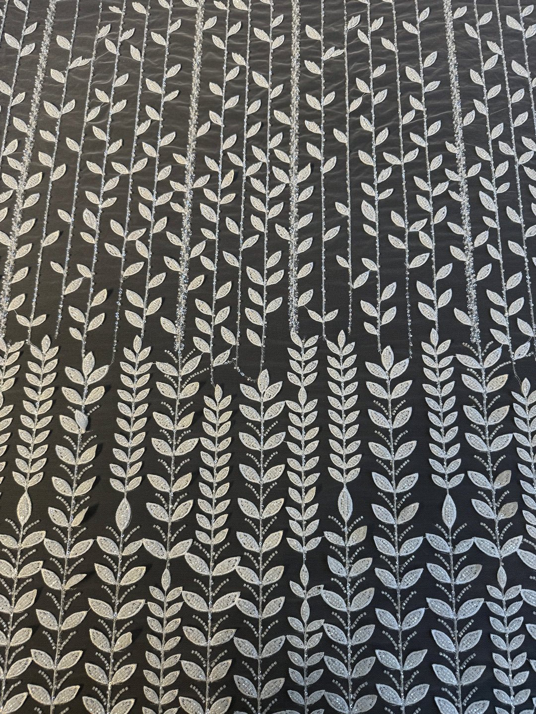 Luxury Beaded Vine Embroidered Tulle Fabric – Silver Leaves on White Mesh( 1 Piece = 2 Meter)