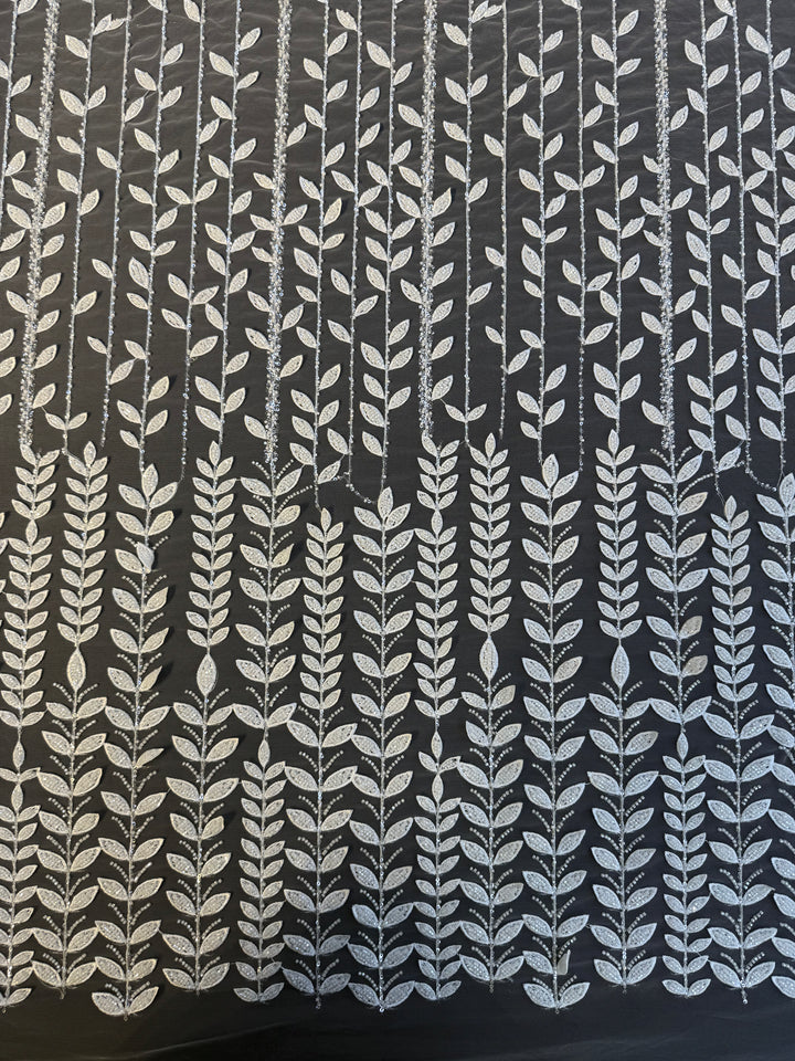 Luxury Beaded Vine Embroidered Tulle Fabric – Silver Leaves on White Mesh( 1 Piece = 2 Meter)