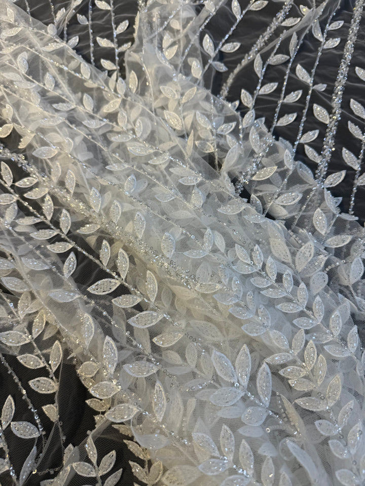 Luxury Beaded Vine Embroidered Tulle Fabric – Silver Leaves on White Mesh( 1 Piece = 2 Meter)