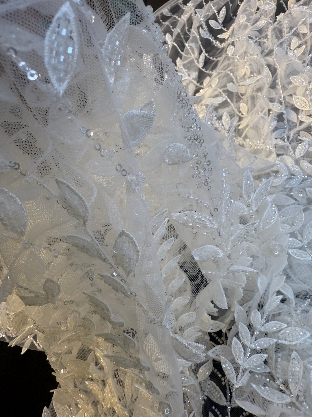 Luxury Beaded Vine Embroidered Tulle Fabric – Silver Leaves on White Mesh( 1 Piece = 2 Meter)