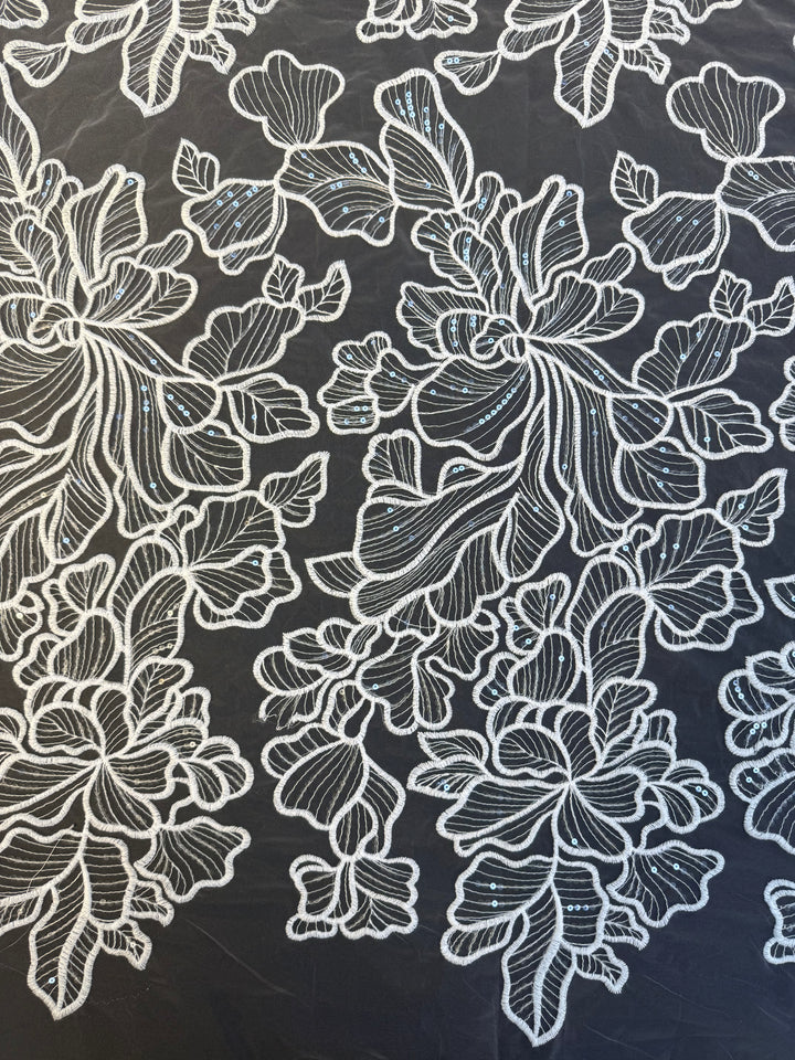 Luxury Romantic Floral Embroidered Tulle with Sequins – White