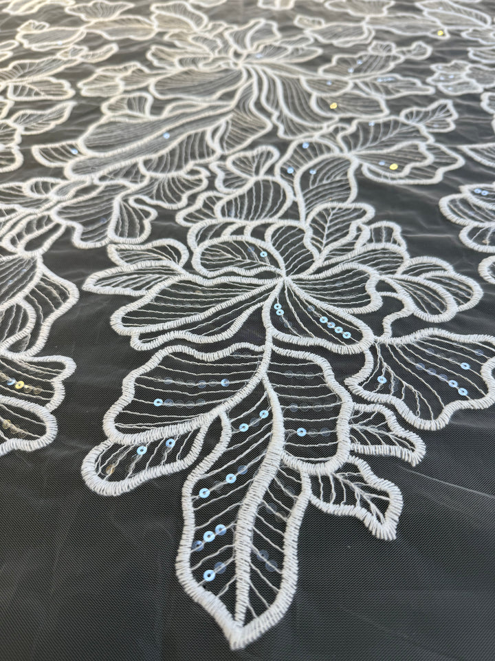 Luxury Romantic Floral Embroidered Tulle with Sequins – White