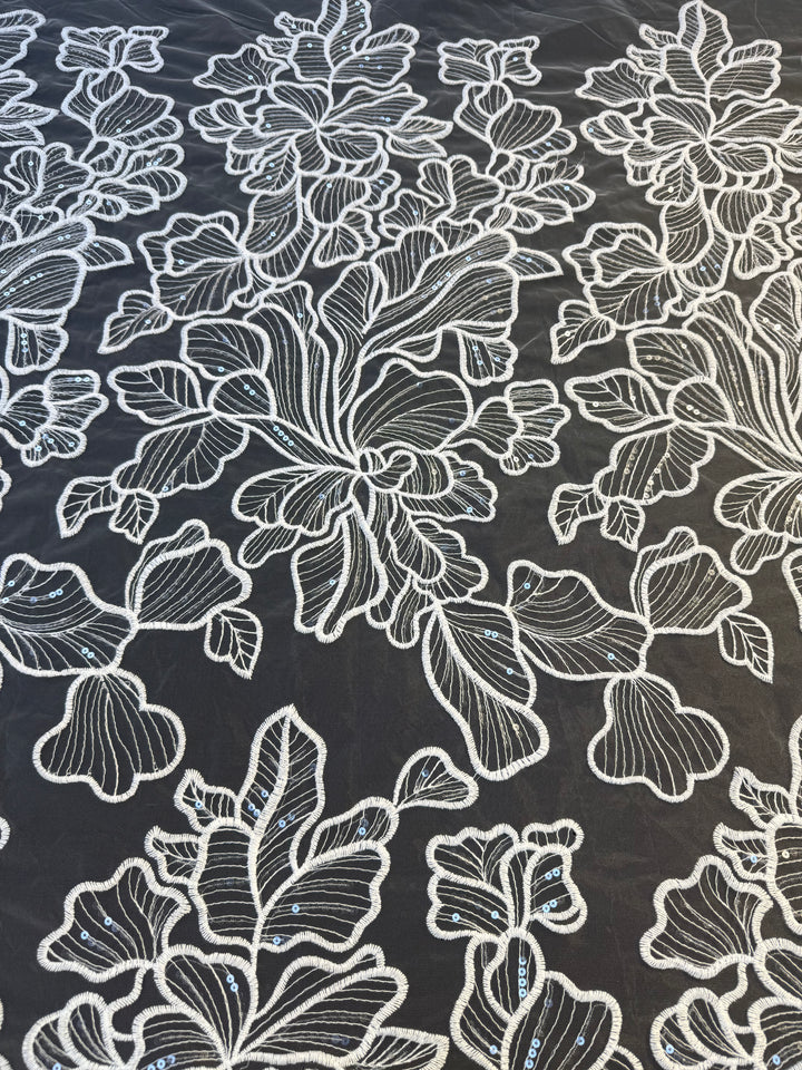 Luxury Romantic Floral Embroidered Tulle with Sequins – White