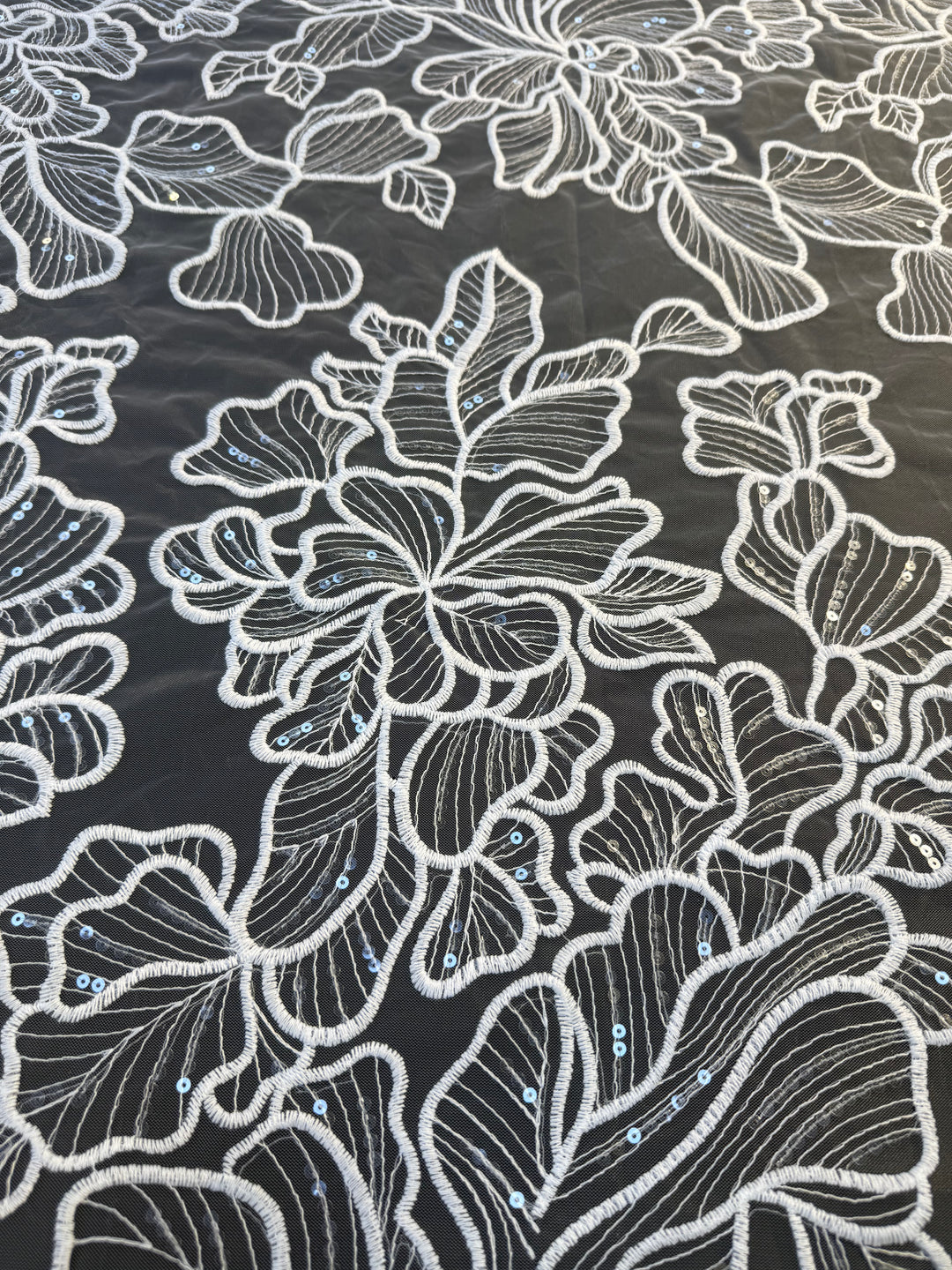 Luxury Romantic Floral Embroidered Tulle with Sequins – White