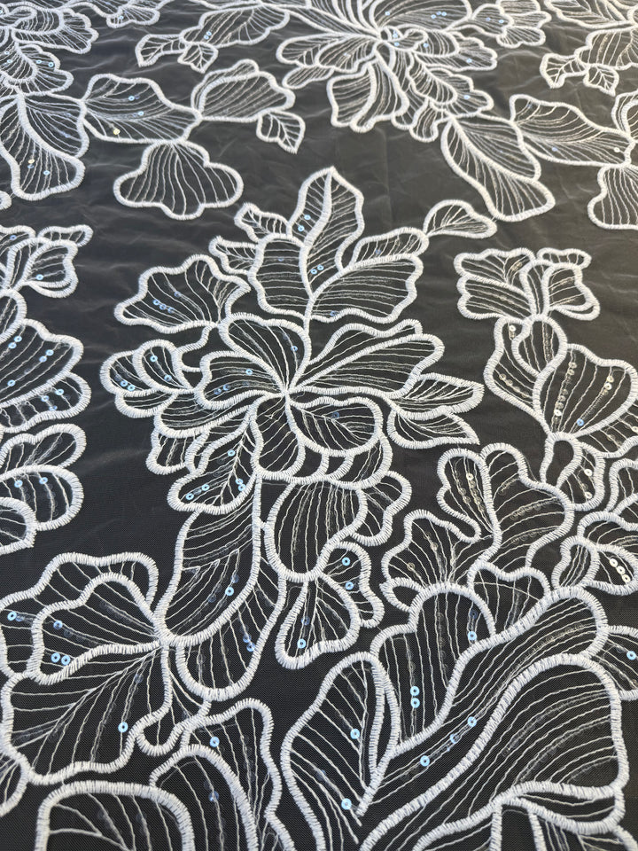 Luxury Romantic Floral Embroidered Tulle with Sequins – White