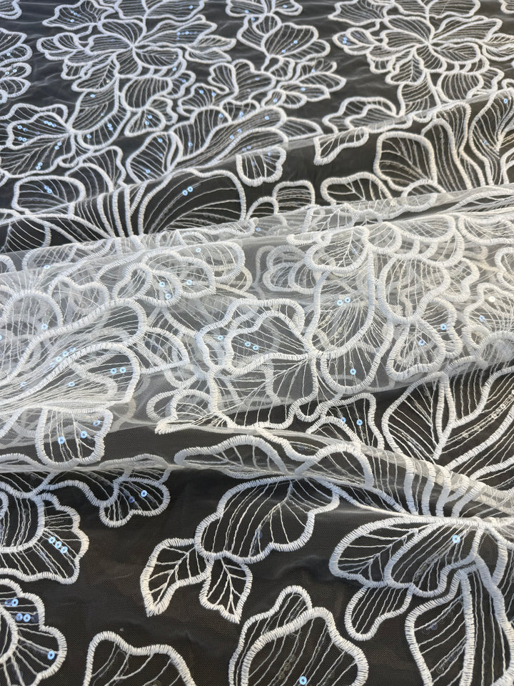 Luxury Romantic Floral Embroidered Tulle with Sequins – White