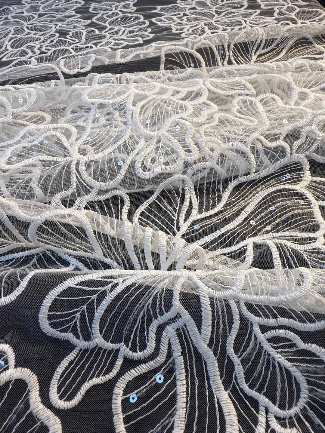 Luxury Romantic Floral Embroidered Tulle with Sequins – White
