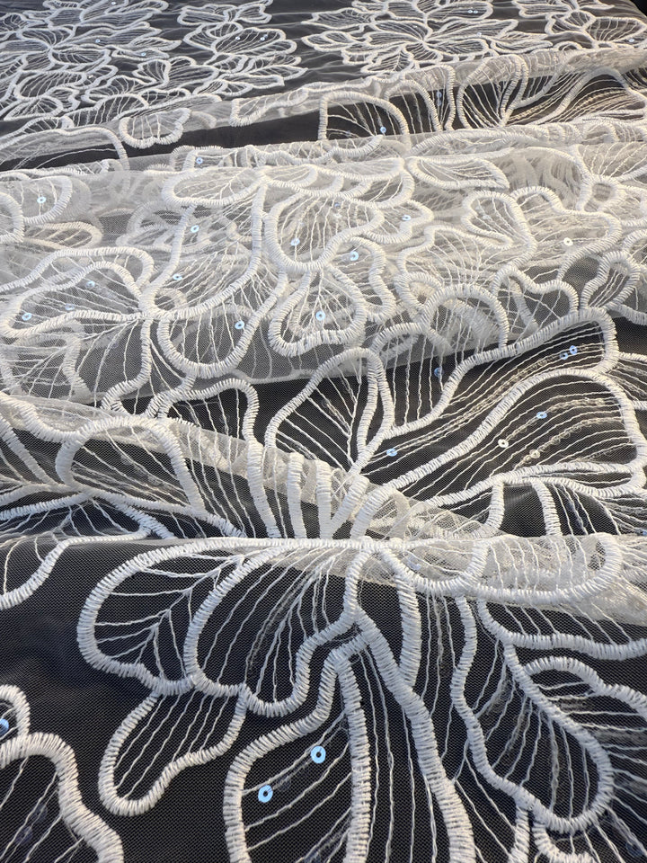 Luxury Romantic Floral Embroidered Tulle with Sequins – White