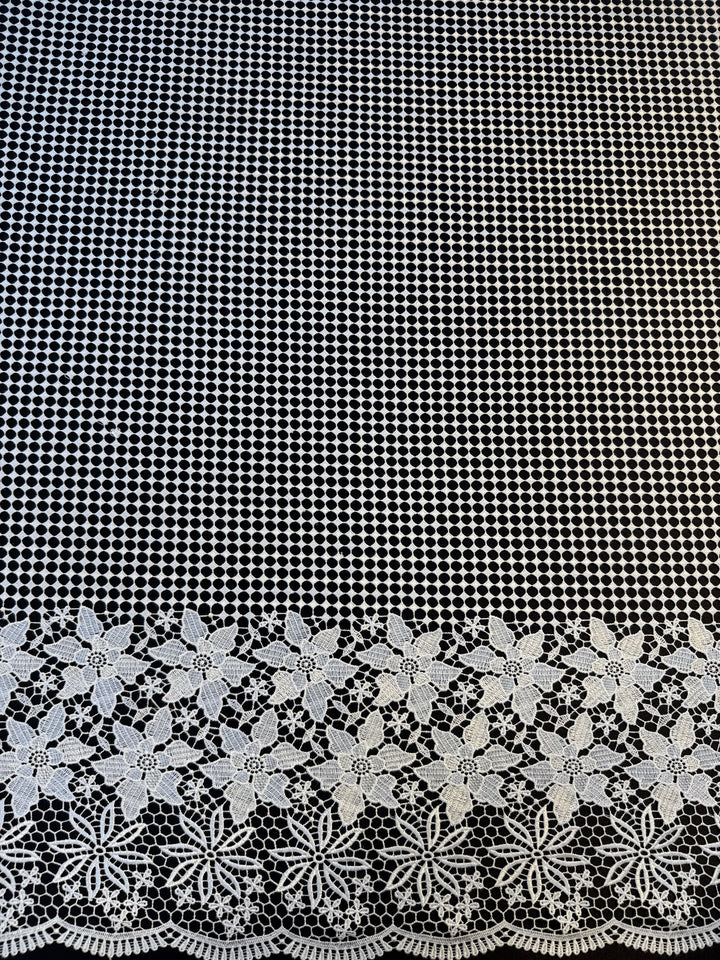 Luxury White Floral Border Lace Fabric – Geometric Net with Embroidered Flowers