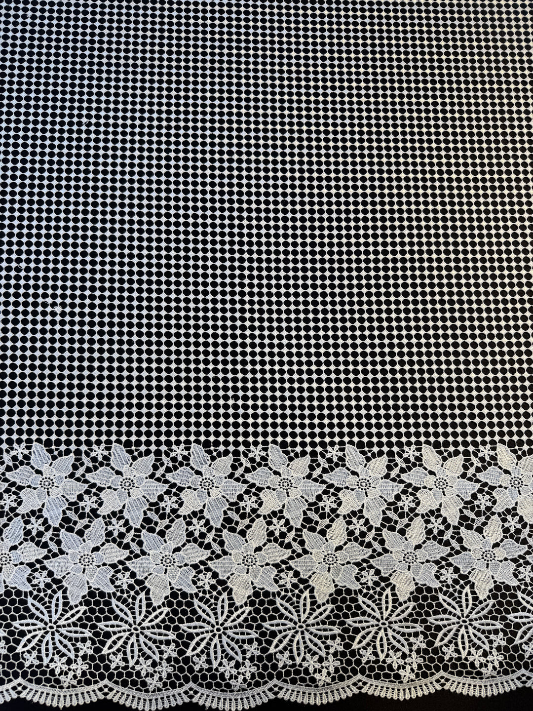 Luxury White Floral Border Lace Fabric – Geometric Net with Embroidered Flowers