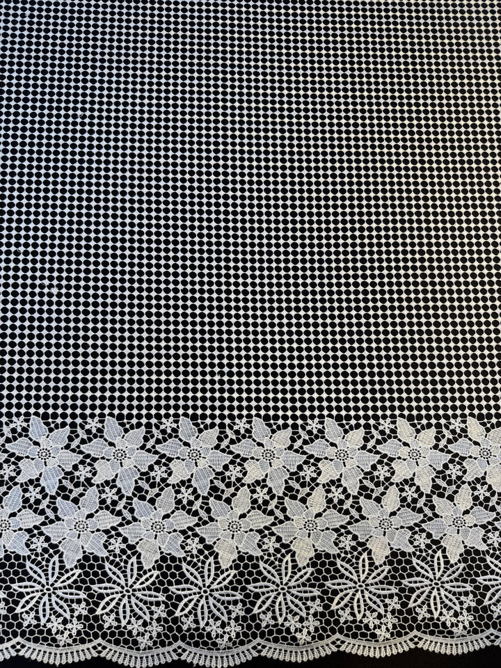 Luxury White Floral Border Lace Fabric – Geometric Net with Embroidered Flowers