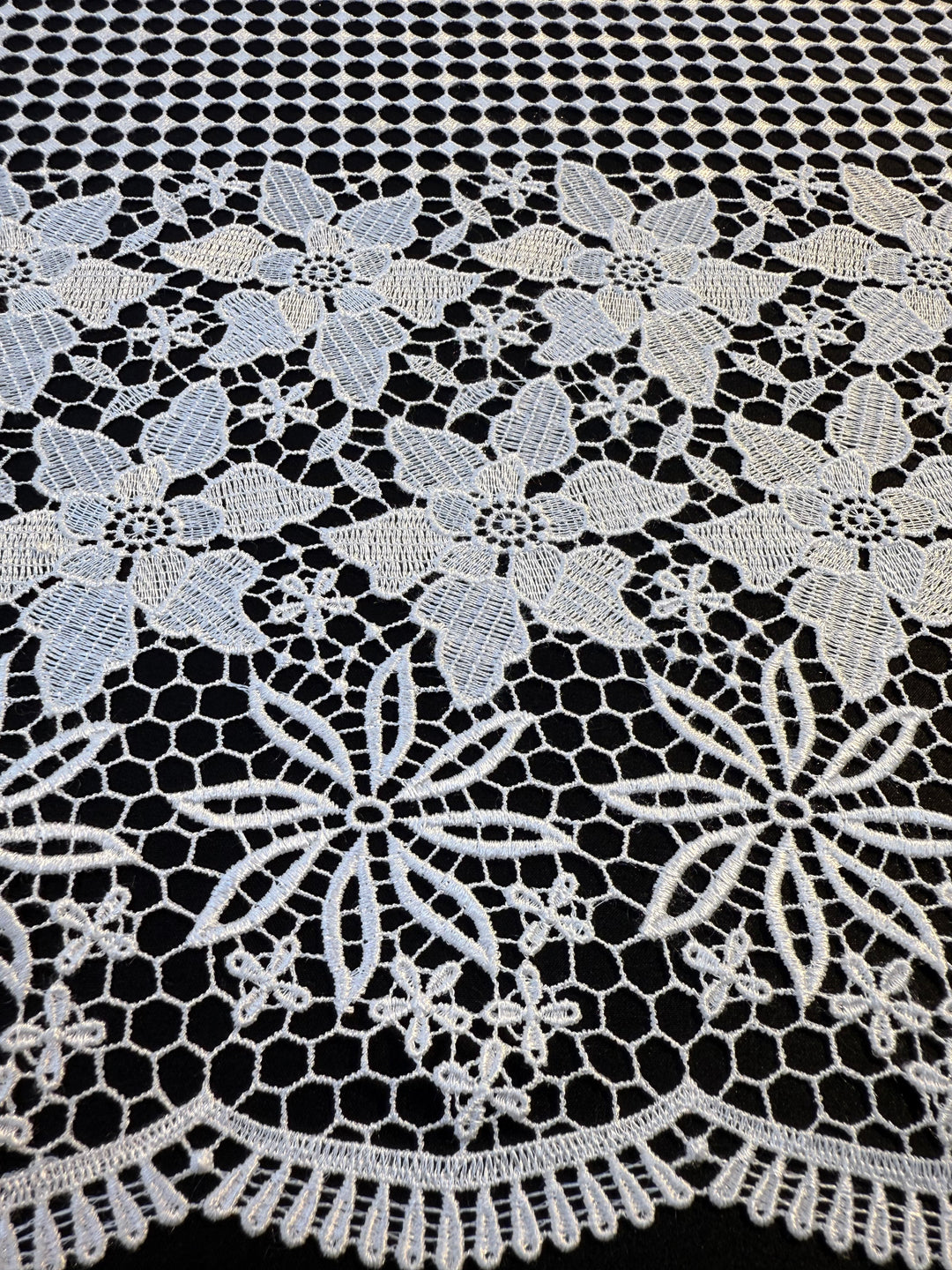 Luxury White Floral Border Lace Fabric – Geometric Net with Embroidered Flowers