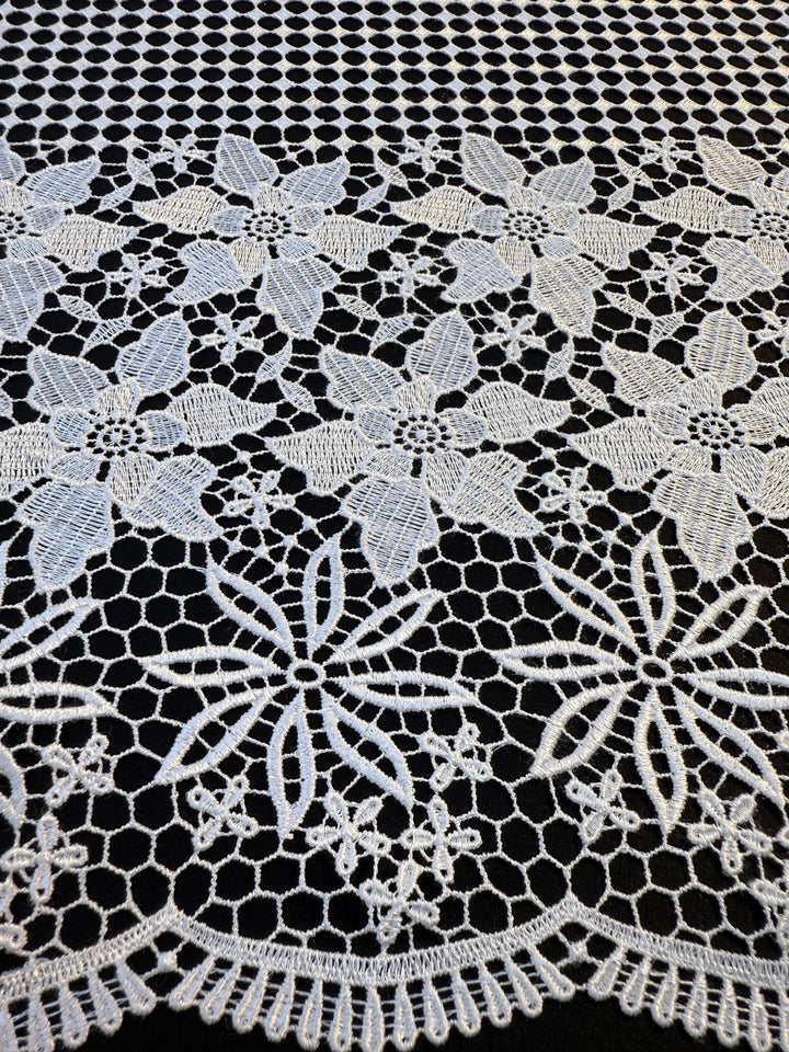 Luxury White Floral Border Lace Fabric – Geometric Net with Embroidered Flowers