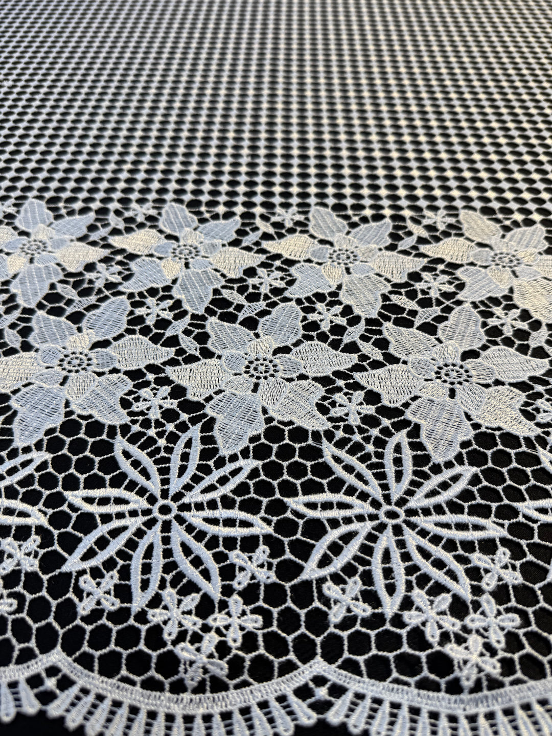 Luxury White Floral Border Lace Fabric – Geometric Net with Embroidered Flowers