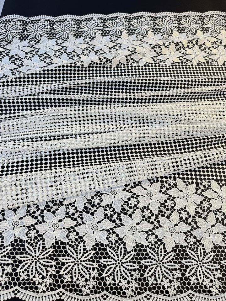 Luxury White Floral Border Lace Fabric – Geometric Net with Embroidered Flowers