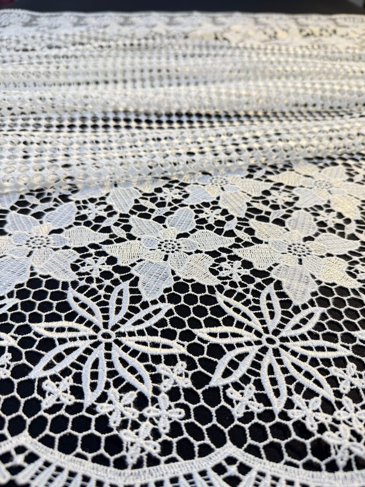 Luxury White Floral Border Lace Fabric – Geometric Net with Embroidered Flowers