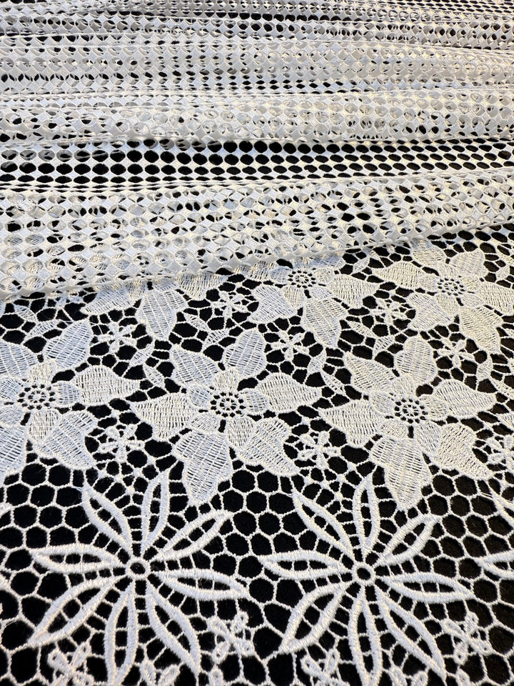 Luxury White Floral Border Lace Fabric – Geometric Net with Embroidered Flowers