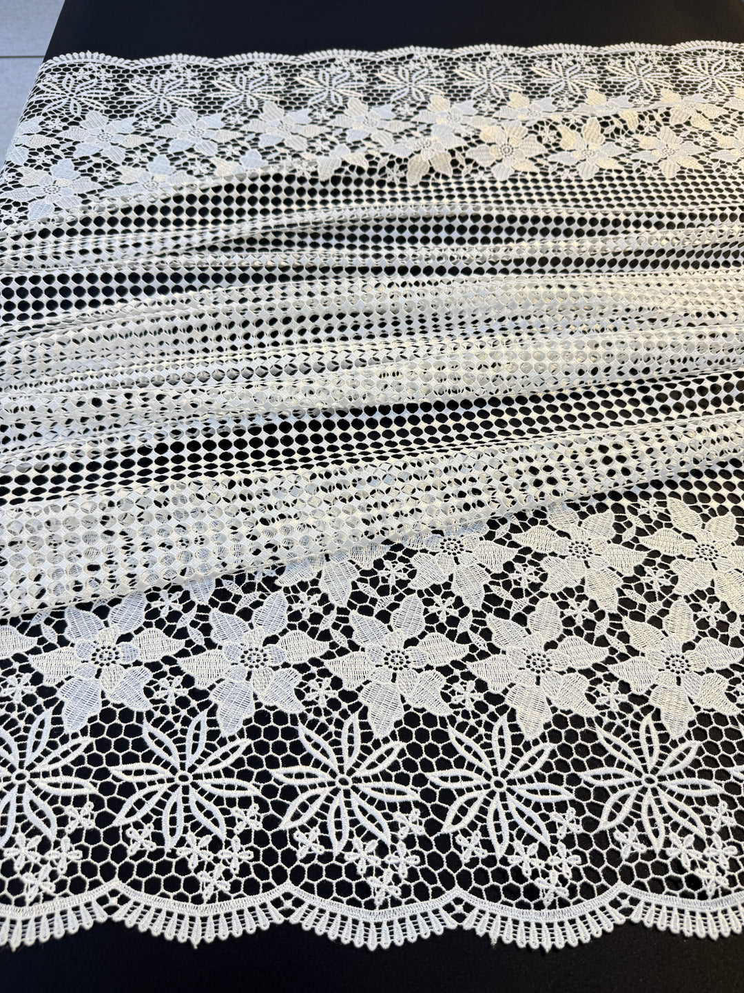 Luxury White Floral Border Lace Fabric – Geometric Net with Embroidered Flowers
