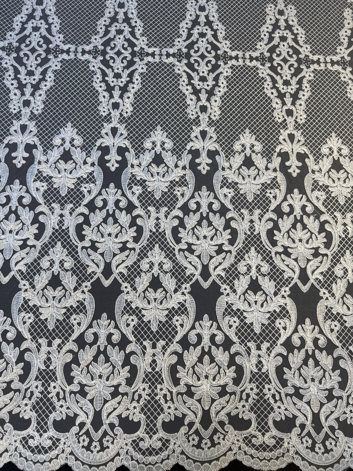 Luxury Baroque-Inspired White Embroidered Lace Fabric with Scalloped Edge( 1 Piece = 3.5 Meter)