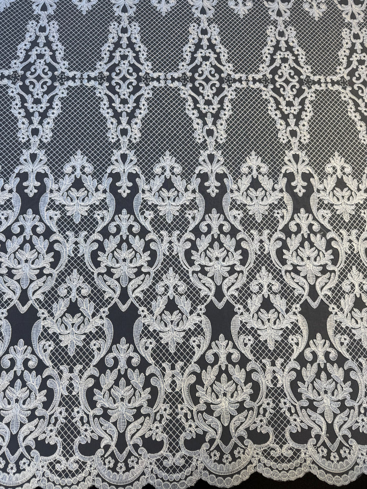Luxury Baroque-Inspired White Embroidered Lace Fabric with Scalloped Edge( 1 Piece = 3.5 Meter)