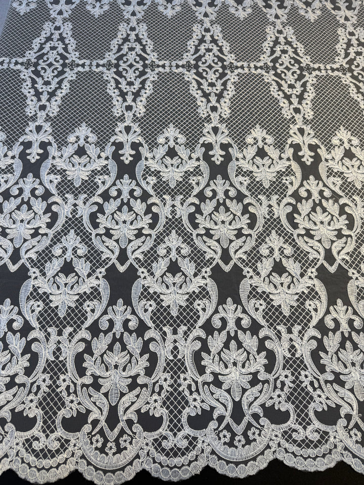 Luxury Baroque-Inspired White Embroidered Lace Fabric with Scalloped Edge( 1 Piece = 3.5 Meter)