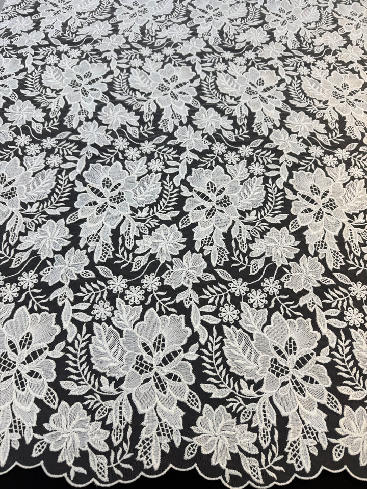 Luxury White Floral Embroidered Lace Fabric with Scalloped Edge – Bridal & Couture