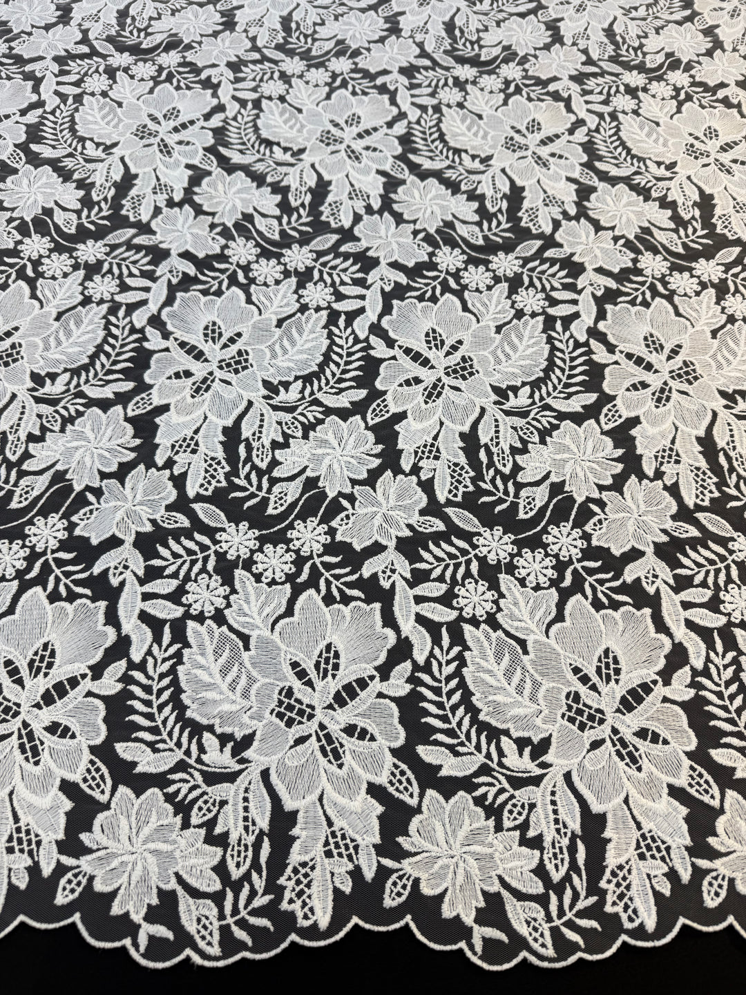 Luxury White Floral Embroidered Lace Fabric with Scalloped Edge – Bridal & Couture