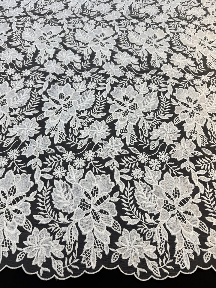 Luxury White Floral Embroidered Lace Fabric with Scalloped Edge – Bridal & Couture