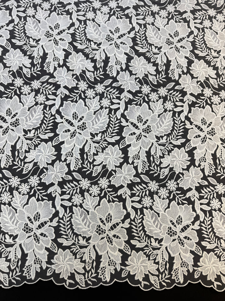 Luxury White Floral Embroidered Lace Fabric with Scalloped Edge – Bridal & Couture