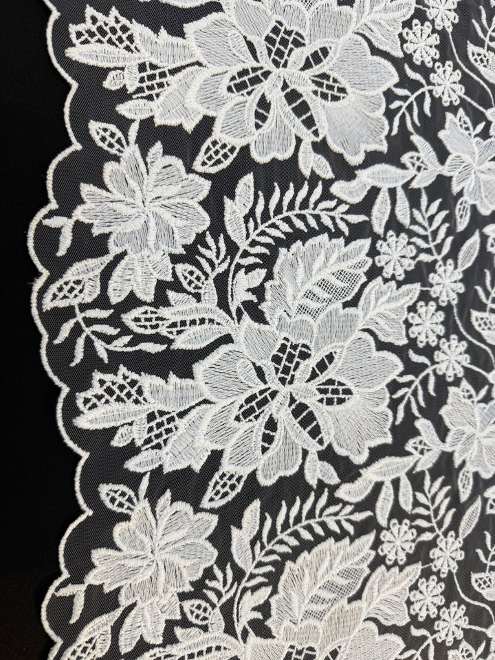 Luxury White Floral Embroidered Lace Fabric with Scalloped Edge – Bridal & Couture