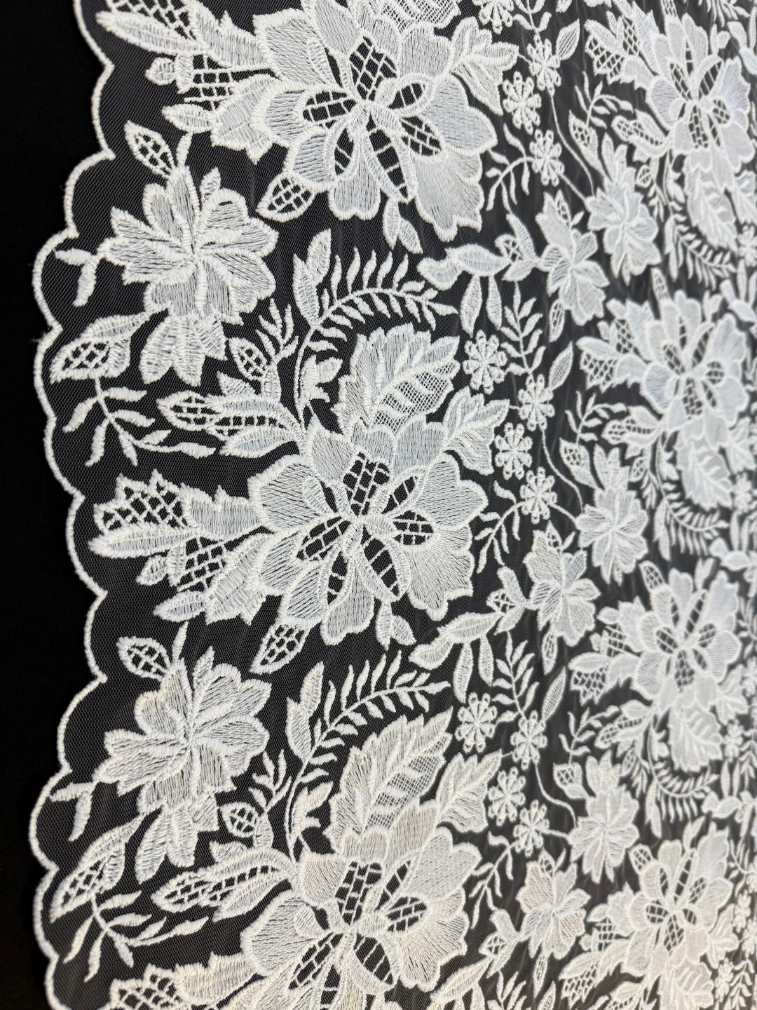 Luxury White Floral Embroidered Lace Fabric with Scalloped Edge – Bridal & Couture