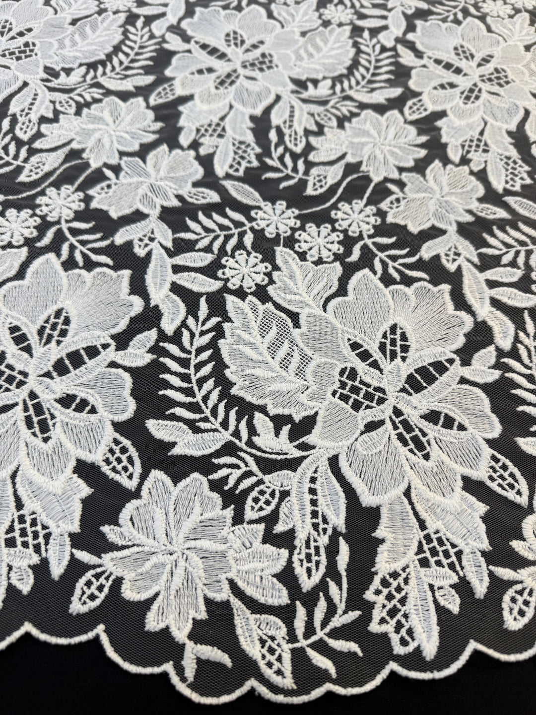 Luxury White Floral Embroidered Lace Fabric with Scalloped Edge – Bridal & Couture