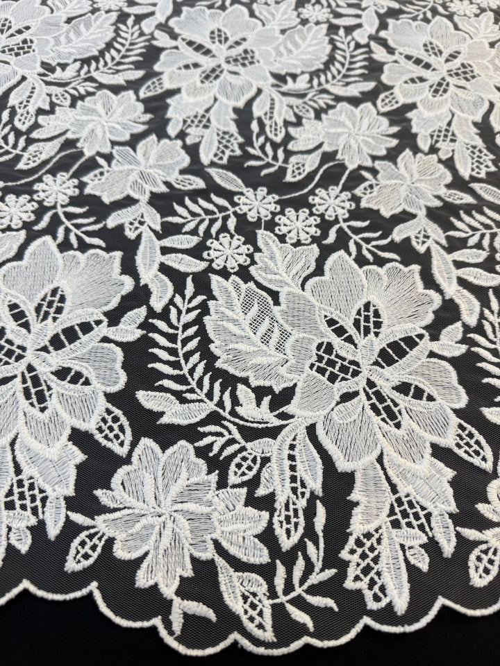 Luxury White Floral Embroidered Lace Fabric with Scalloped Edge – Bridal & Couture