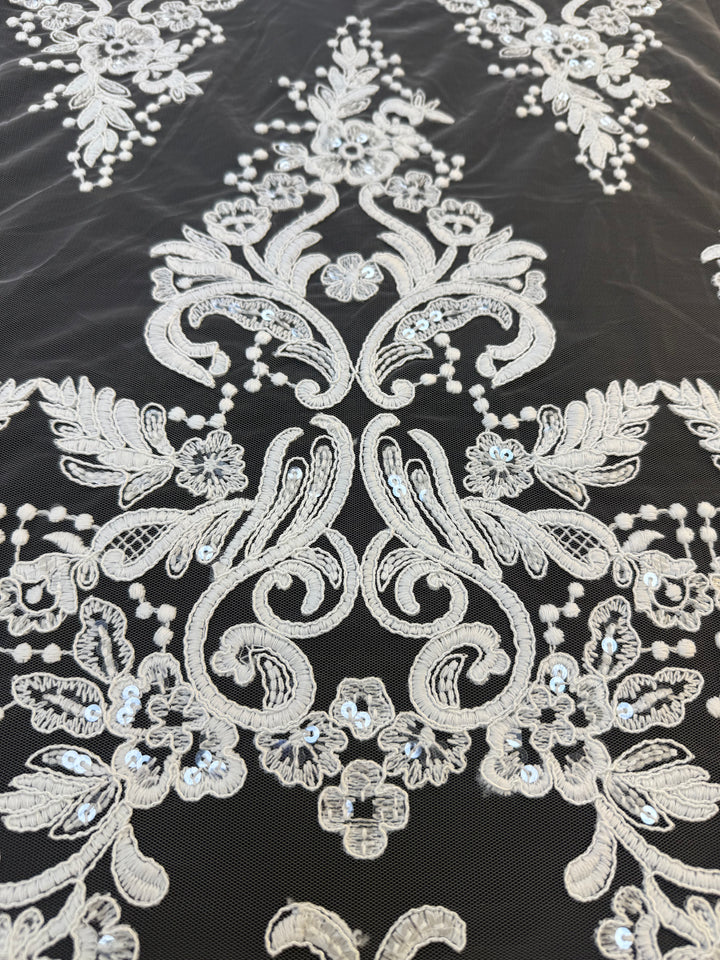 Luxury Off-white Bridal Lace with Sequins & Floral Embroidery( 1 Piece = 3.5 Meter)