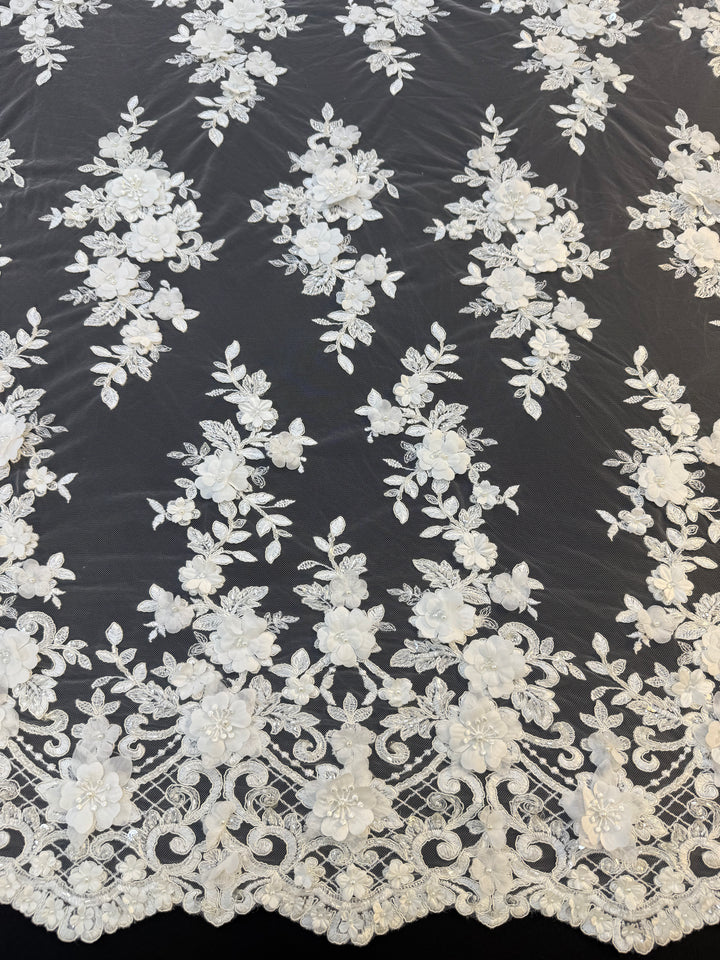Luxury 3D Floral Lace Fabric with Sequins & Pearls – White Embroidered Bridal Tulle