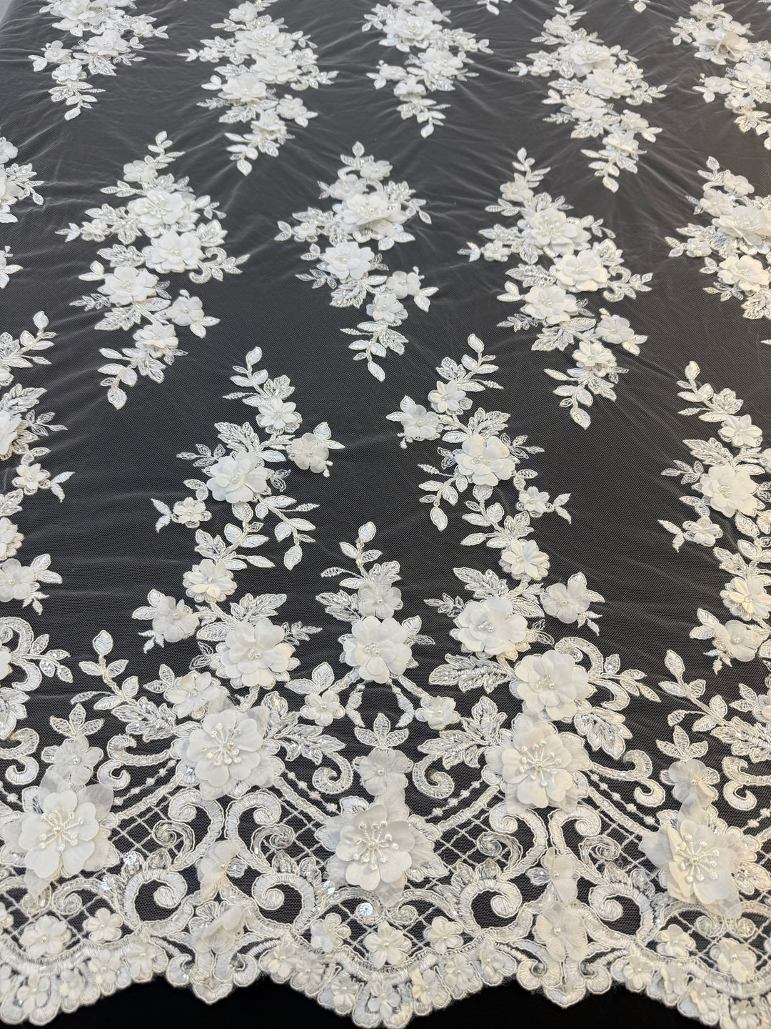 Luxury 3D Floral Lace Fabric with Sequins & Pearls – White Embroidered Bridal Tulle