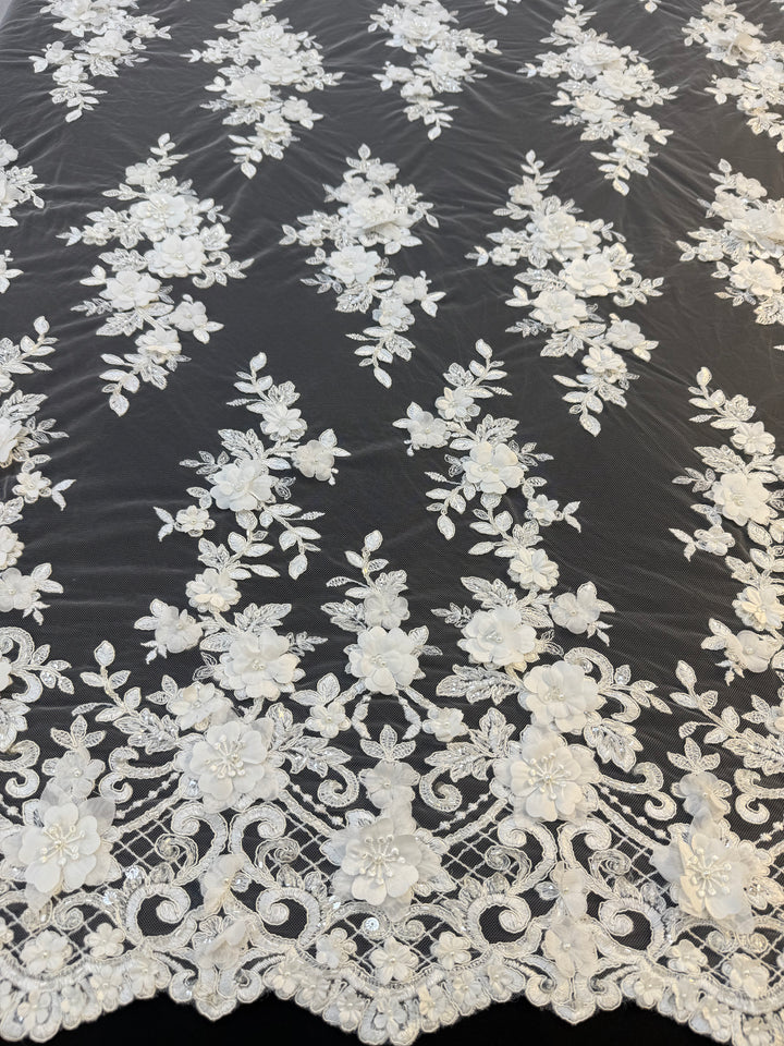 Luxury 3D Floral Lace Fabric with Sequins & Pearls – White Embroidered Bridal Tulle
