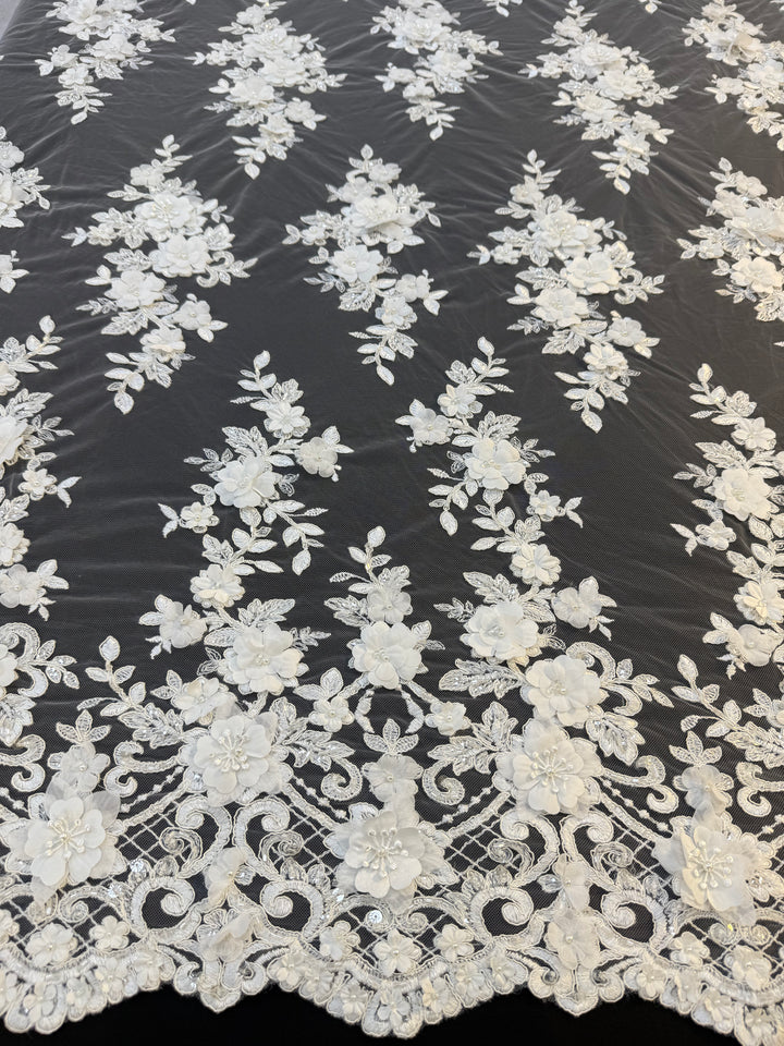 Luxury 3D Floral Lace Fabric with Sequins & Pearls – White Embroidered Bridal Tulle