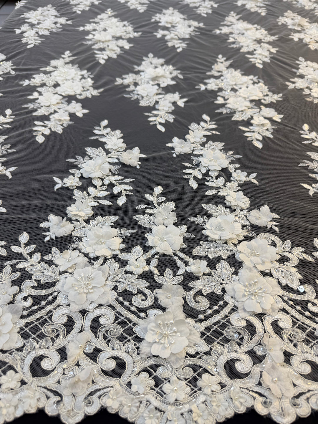Luxury 3D Floral Lace Fabric with Sequins & Pearls – White Embroidered Bridal Tulle