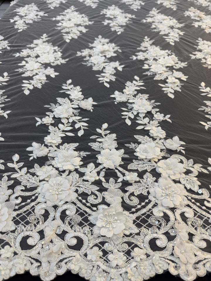 Luxury 3D Floral Lace Fabric with Sequins & Pearls – White Embroidered Bridal Tulle