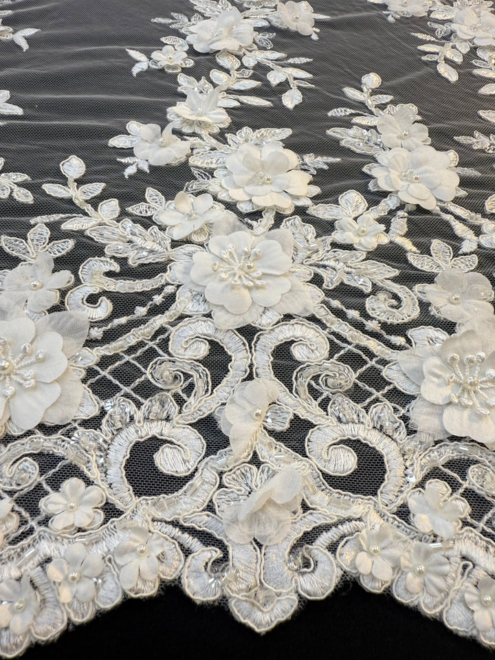 Luxury 3D Floral Lace Fabric with Sequins & Pearls – White Embroidered Bridal Tulle