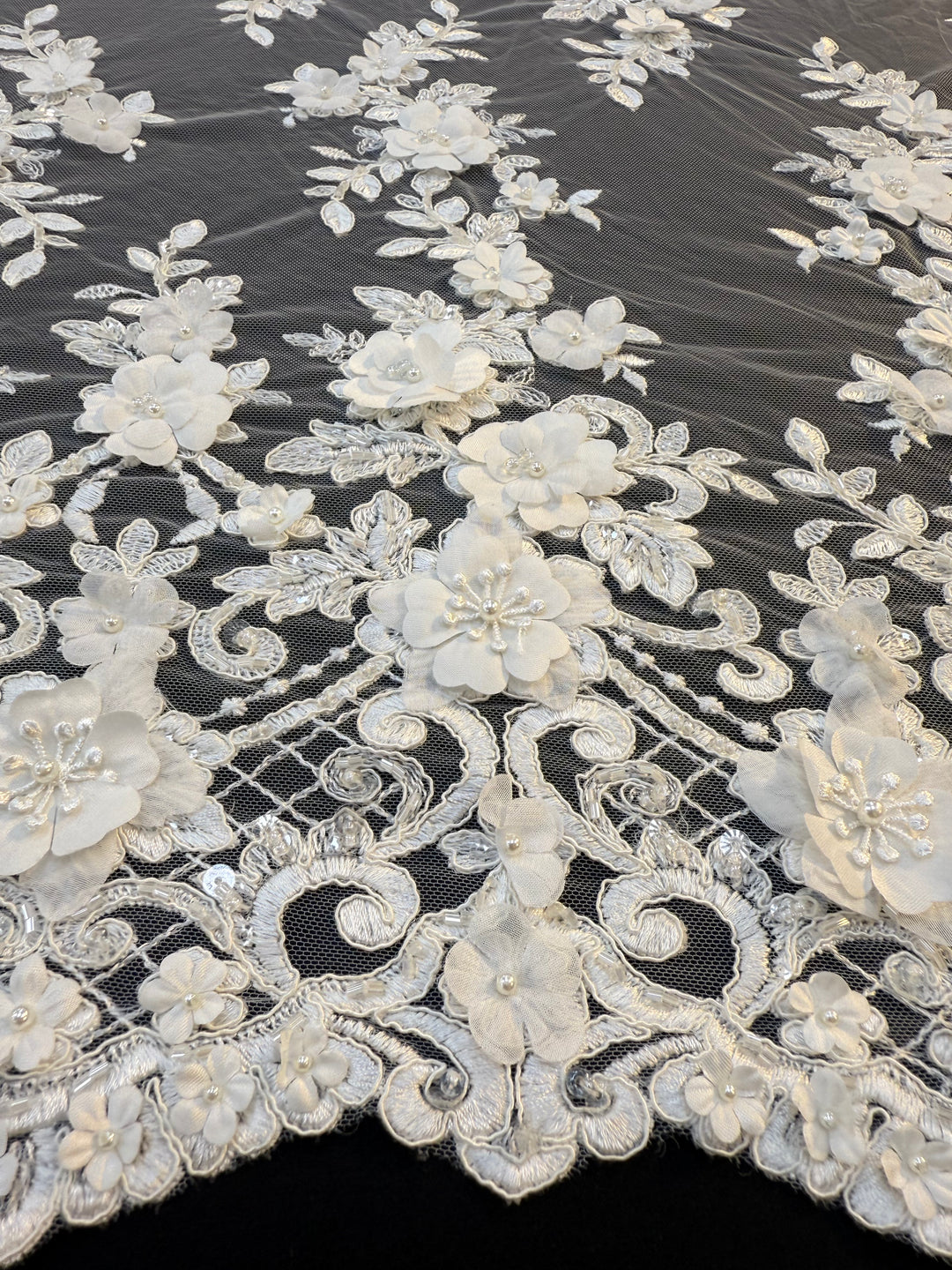 Luxury 3D Floral Lace Fabric with Sequins & Pearls – White Embroidered Bridal Tulle