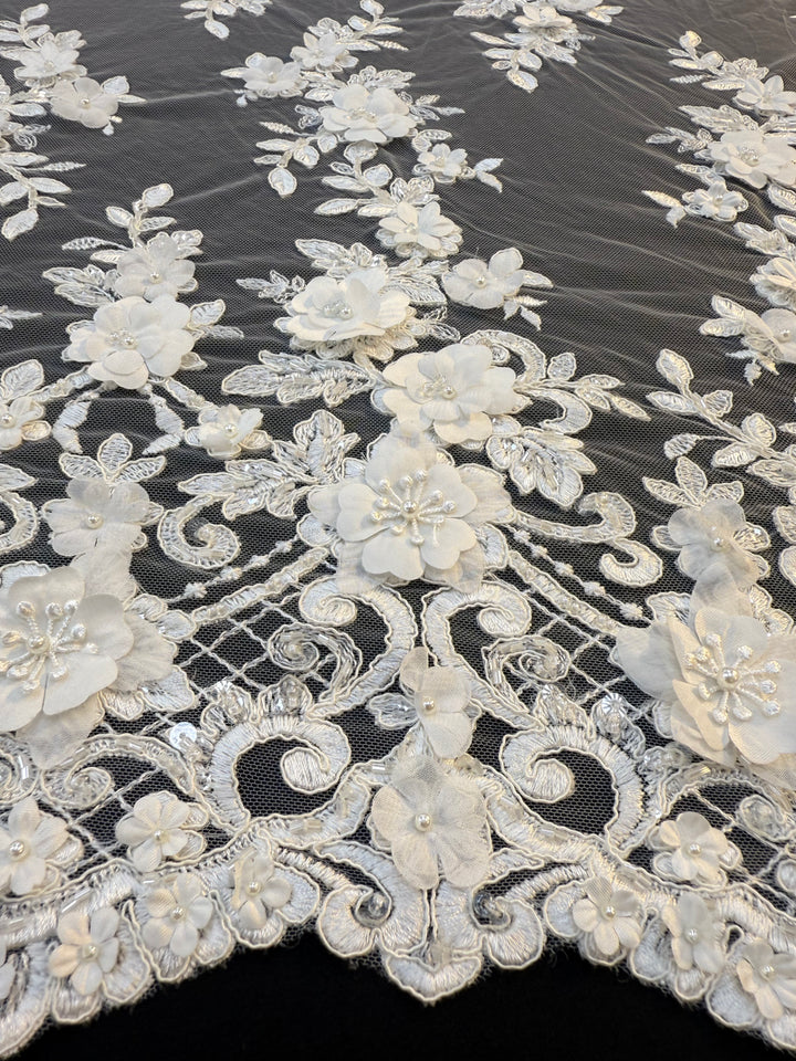Luxury 3D Floral Lace Fabric with Sequins & Pearls – White Embroidered Bridal Tulle