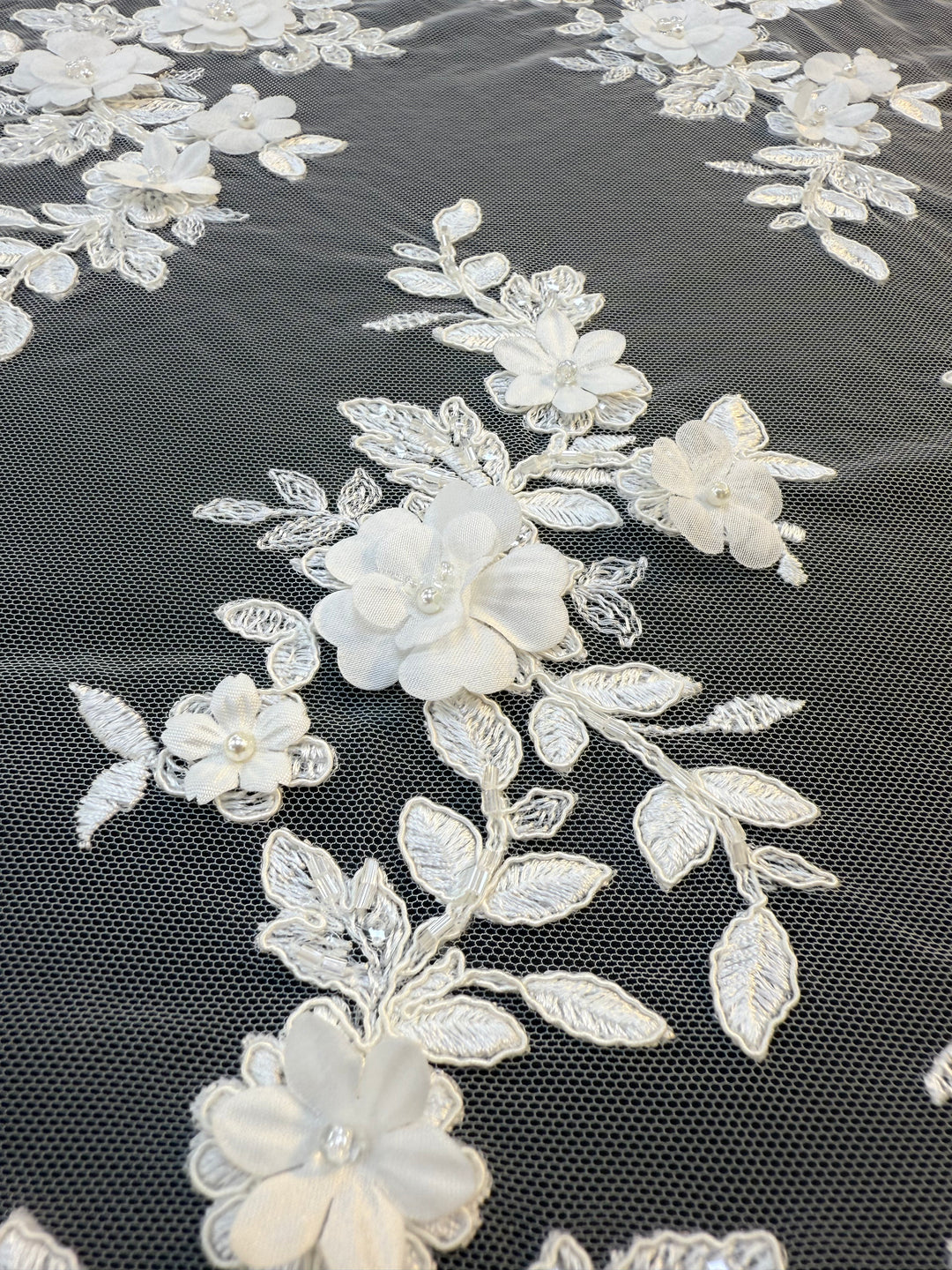 Luxury 3D Floral Lace Fabric with Sequins & Pearls – White Embroidered Bridal Tulle