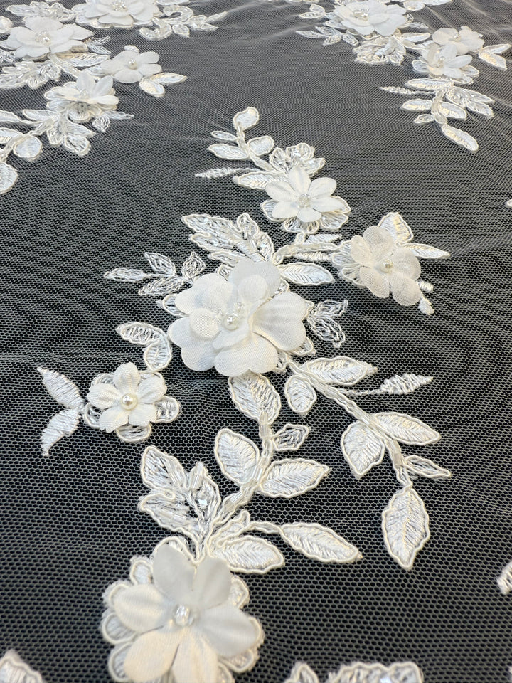 Luxury 3D Floral Lace Fabric with Sequins & Pearls – White Embroidered Bridal Tulle
