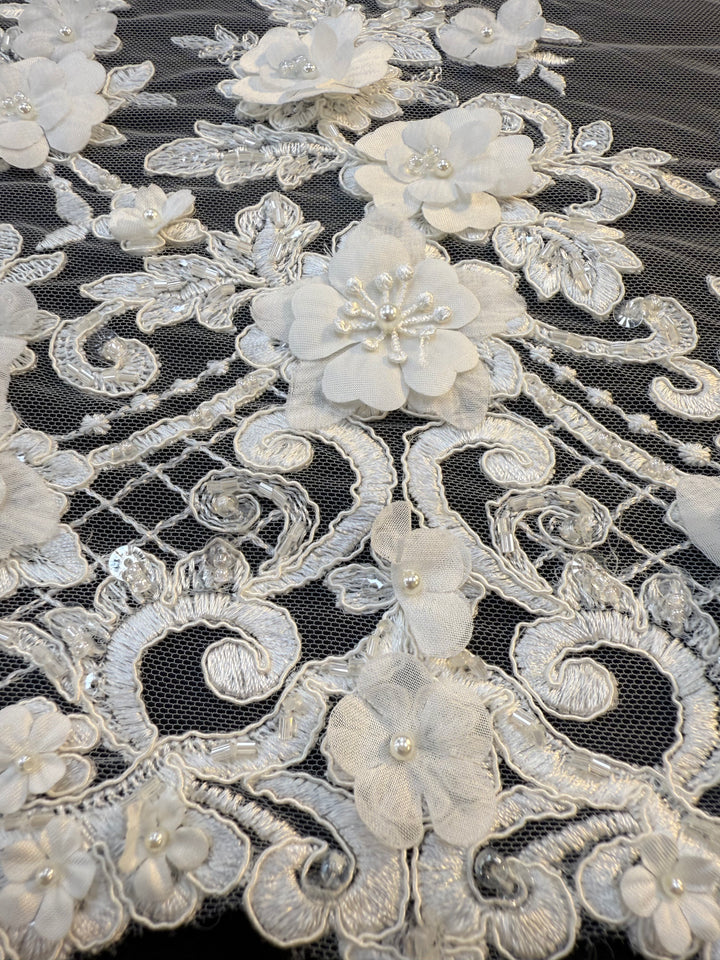 Luxury 3D Floral Lace Fabric with Sequins & Pearls – White Embroidered Bridal Tulle