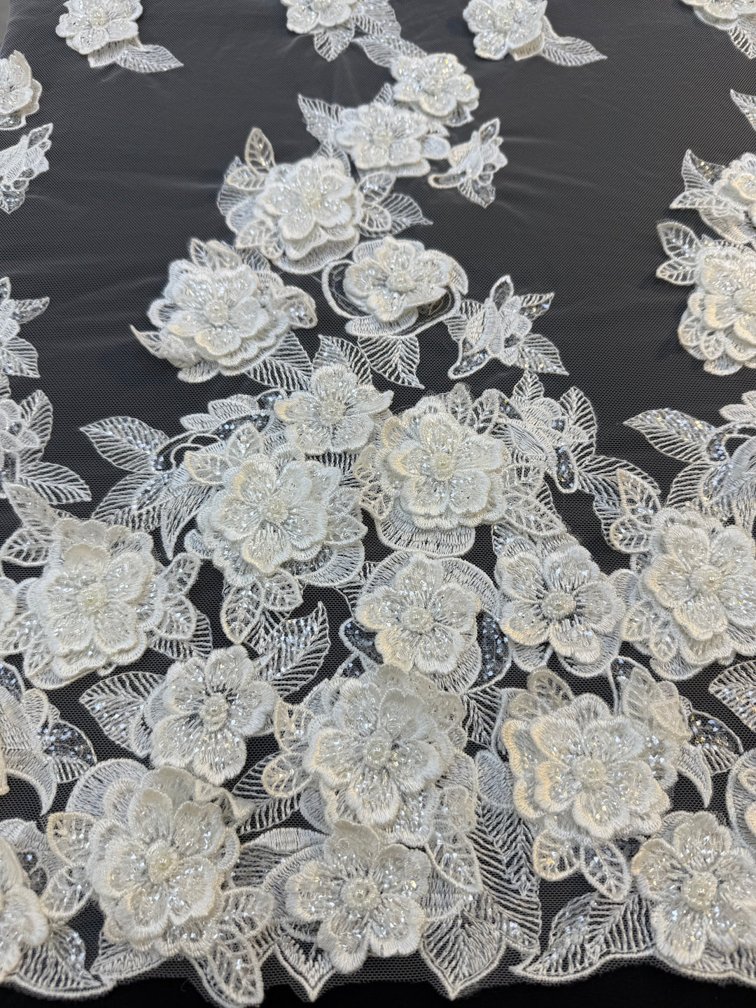 Ivory 3D Floral Beaded Lace Fabric with Sequins – Luxury Bridal Lace( 1 Piece = 2 Meter)